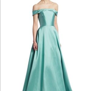 Monique Lhuillier Aqua Off-the-shoulder Ball Gown